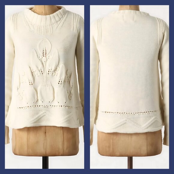 Anthropologie Rosie Neira Wool Cream Cloud Leaf Knit Sweater (size S) - Picture 1 of 9